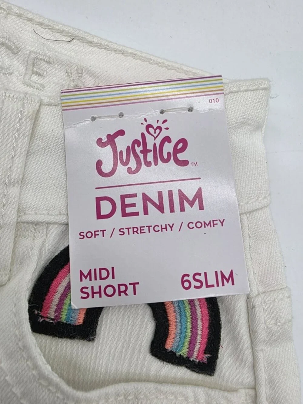 Justice Girl's Childs Shorts Size 6 Slim White Denim Cut Off Patches Midi Short